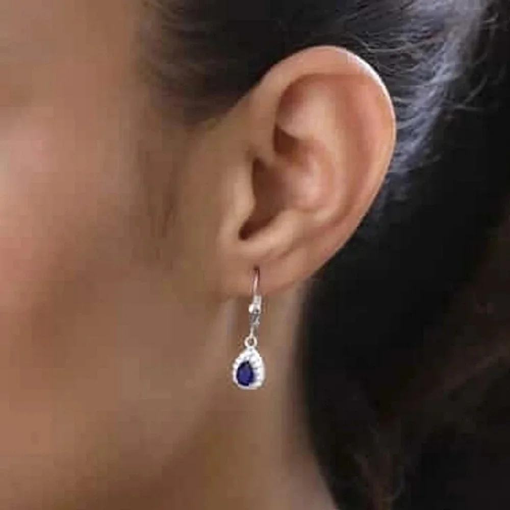 Natural Blue Spinel & White Zircon Halo Dangle Earrings In 925 Sterling Silver - Picture 5 of 7